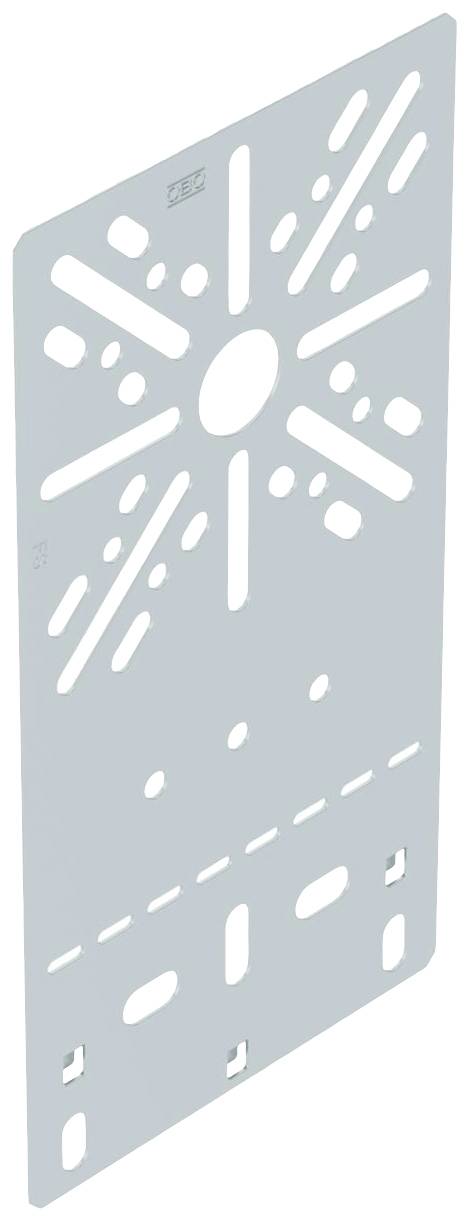 Metalen plaat met symmetrische sleuven en een centraal rond gat, gebruikt voor structurele of montagetoepassing.