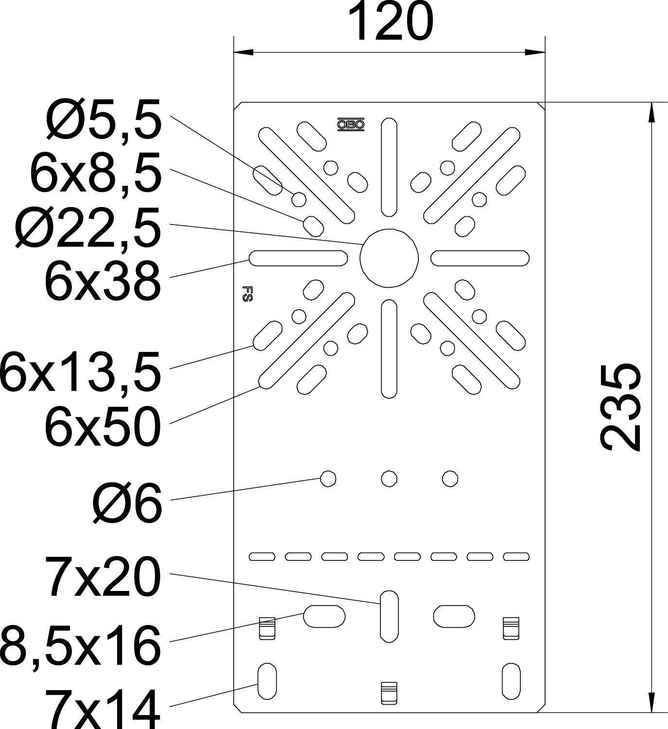 Metalen plaat met afmetingen 120x235 mm. Meerdere gaten van verschillende groottes, genummerd met diameters en tussenafstanden.