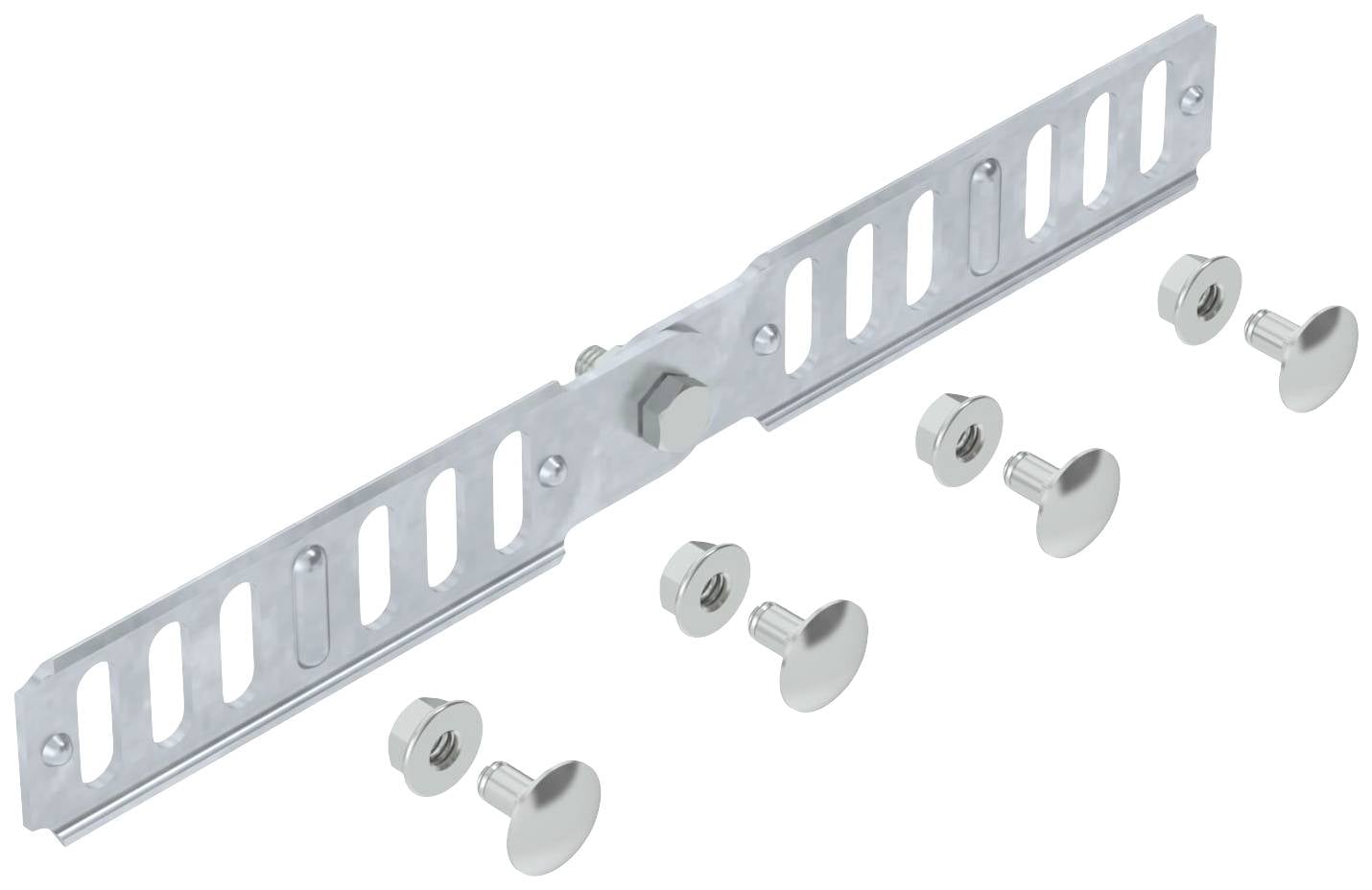 Metalen montagesets met verstelbare beugel en zes schroeven, geschikt voor bevestigingstoepassingen aan muren of plafonds.
