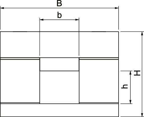 Technische tekening van een rechthoekig object met de afmetingen 'B', 'b', 'H' en 'h', die verschillende onderdelen van het object aanduiden.