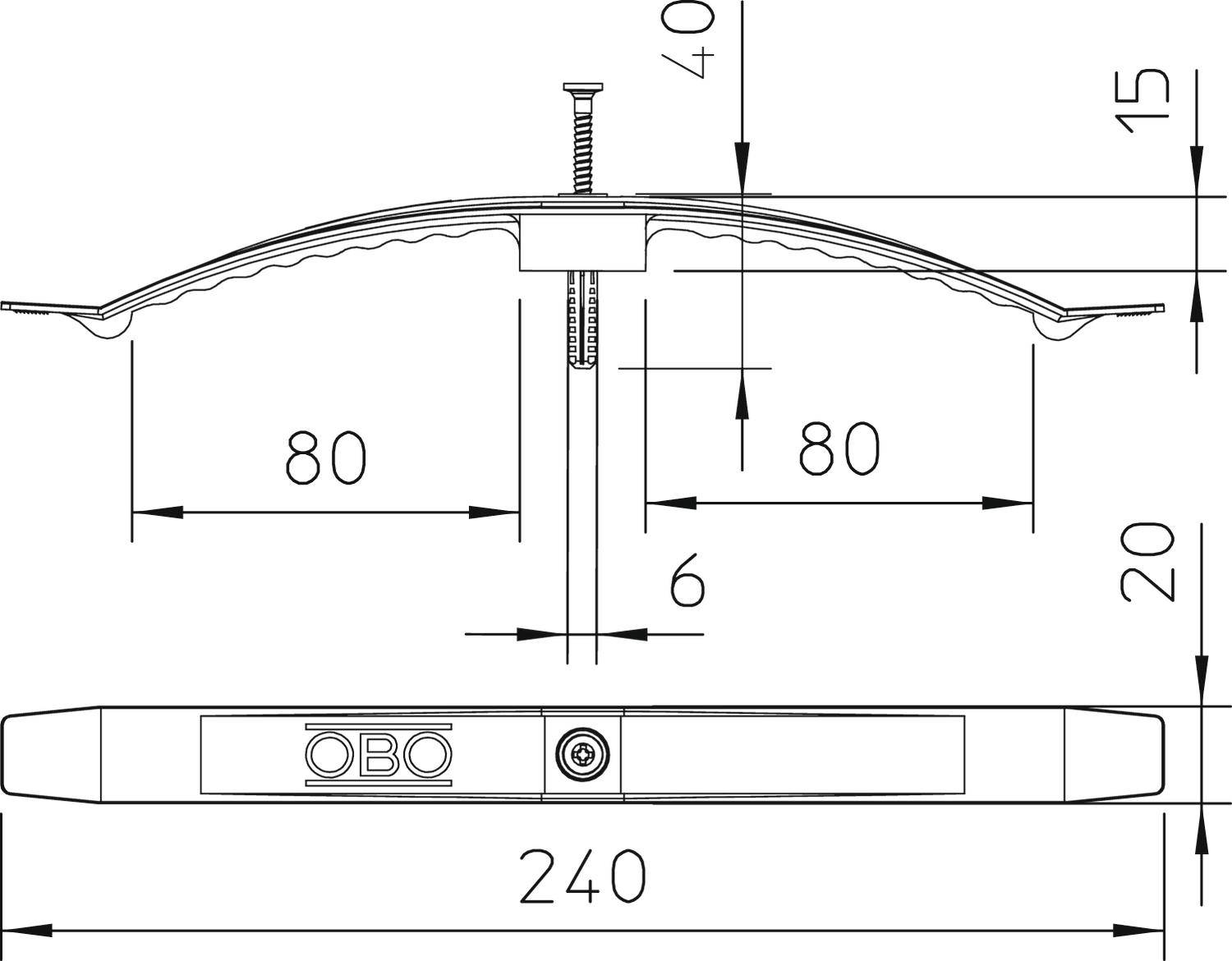 'Technische tekening van een beugel met afmetingen: breedte 240 mm, hoogte 40 mm. Afstand tussen de bevestigingspunten bedraagt 80 mm.'