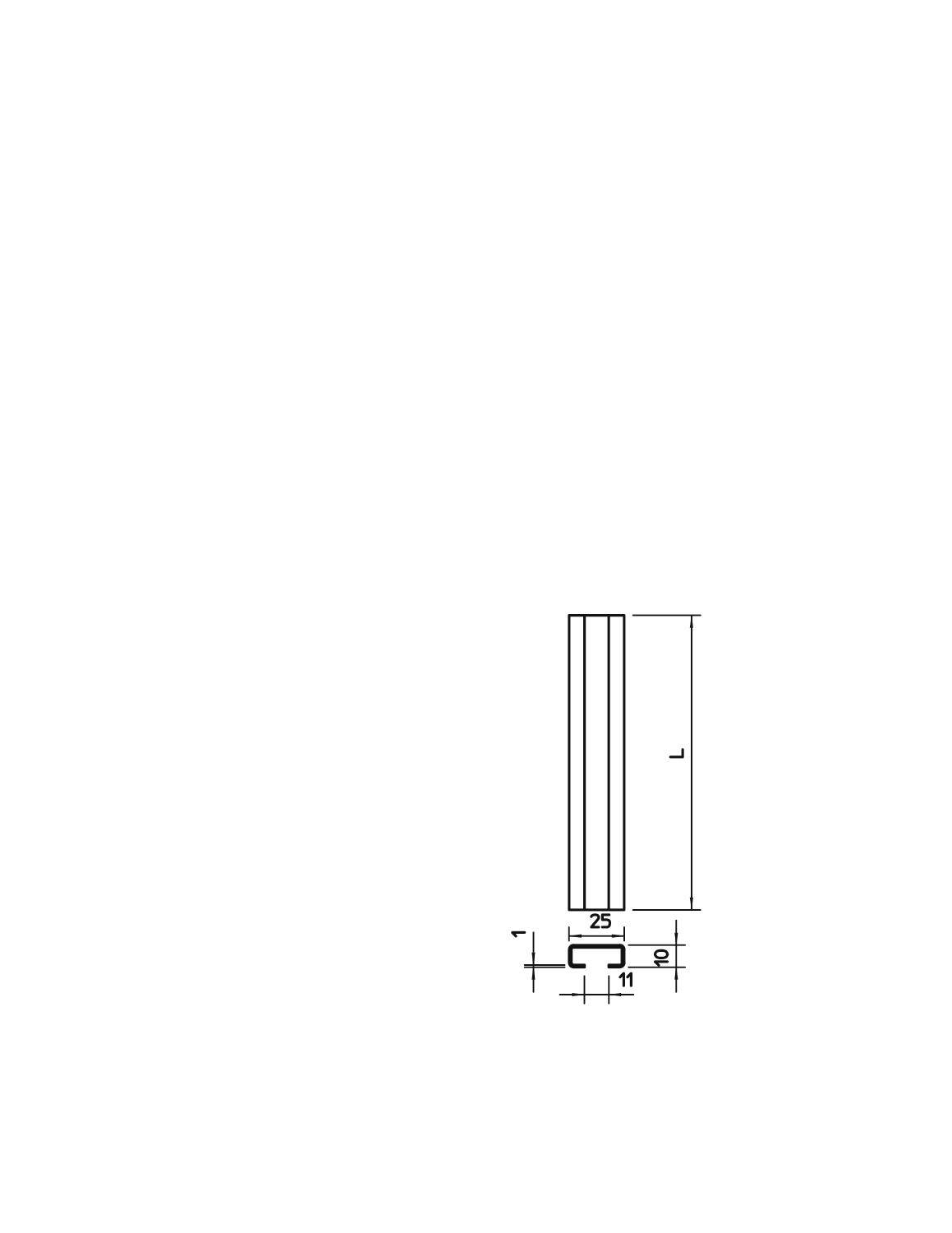 Technische tekening van een smal rechthoekig object met de afmetingen 25 breedte, 11 diepte en hoogte 'L'.