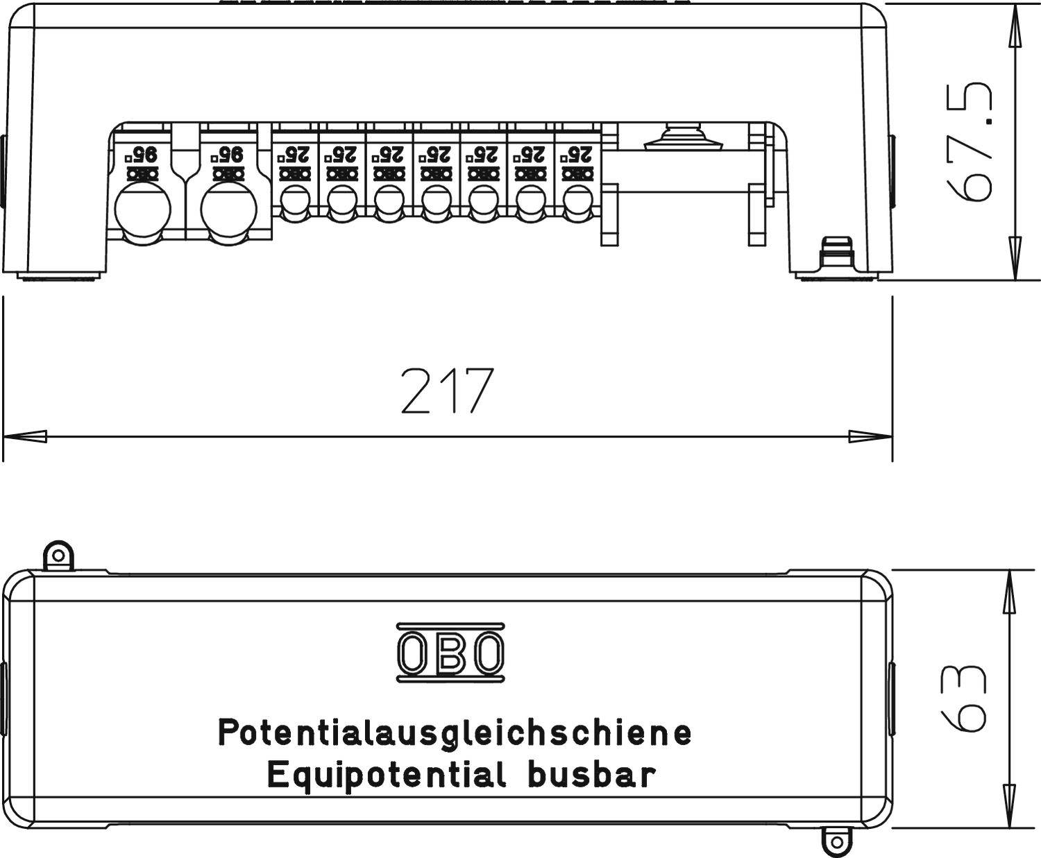 OBO Potentiaalvereffeningsrail, 217 mm breed, 67,5 mm hoog. Zeven aansluitingen voor potentiaalvereffening in elektrische installaties.