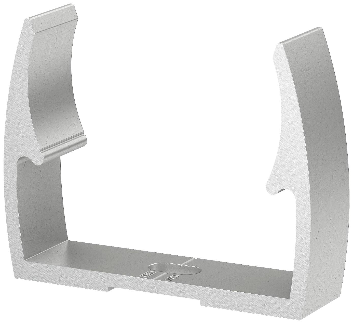 Een zilveren metalen haakhouder in U-vorm met afgeronde randen, die bedoeld is voor het veilig bevestigen van voorwerpen aan een oppervlak.