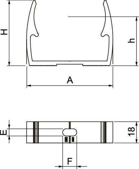 Technische tekening van een U-vormig profiel met de afmetingen A, H, h, E, F en 18. Toont voor- en zijaanzicht ter technische verduidelijking.