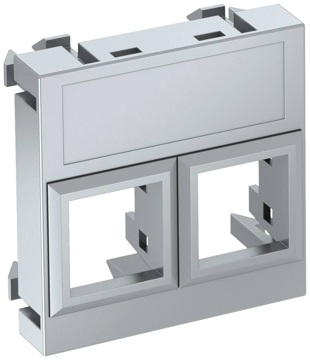 Dubbele RJ45-wandcontactdoos zonder aansluitingen in zilverkleurige uitvoering, geschikt voor inbouw in wand of apparaten.