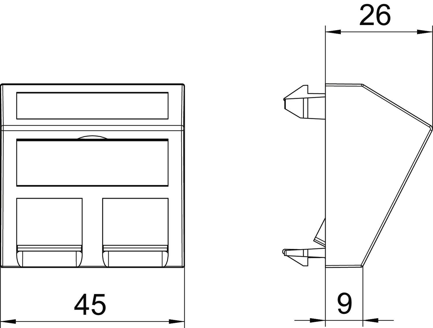 Technische tekening van een rechthoekig onderdeel. Afmetingen: breedte 45 mm, diepte 26 mm, hoogte 9 mm. Vooraanzicht en zijaanzicht.