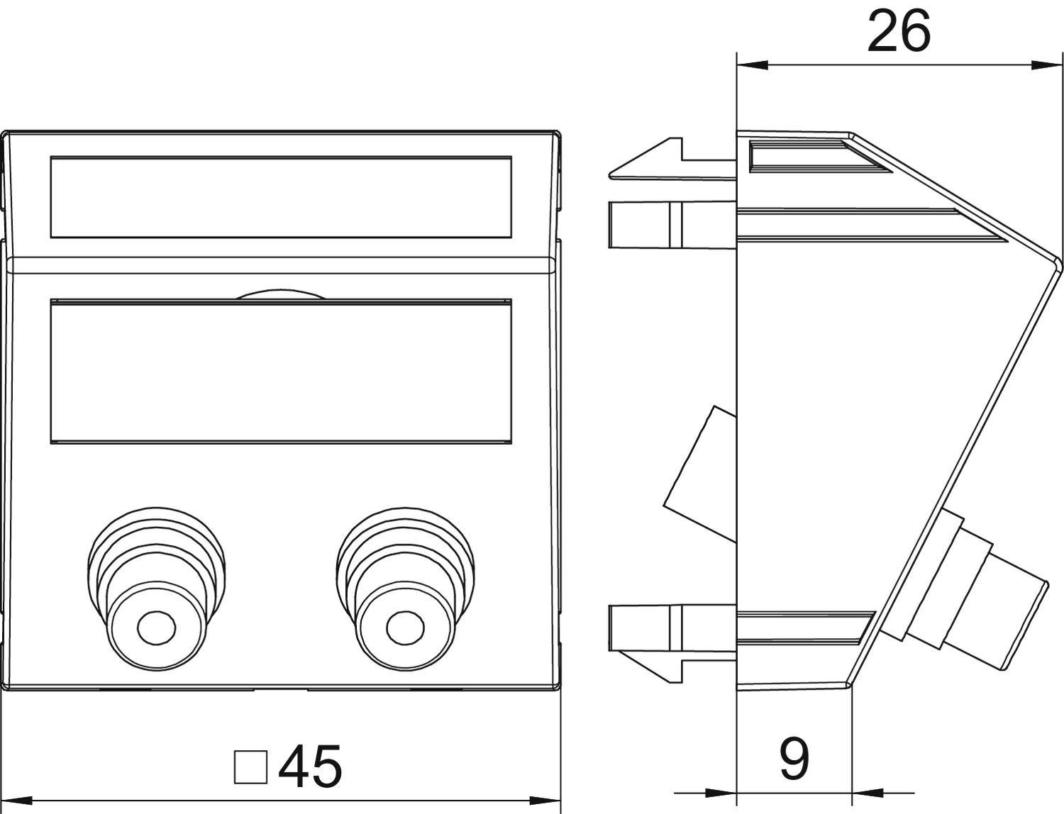 Technische tekening van een apparaatstekker met afmetingen van 45 x 26 x 9 mm. Vooraanzicht toont twee steekcontacten, zijaanzicht het profiel.