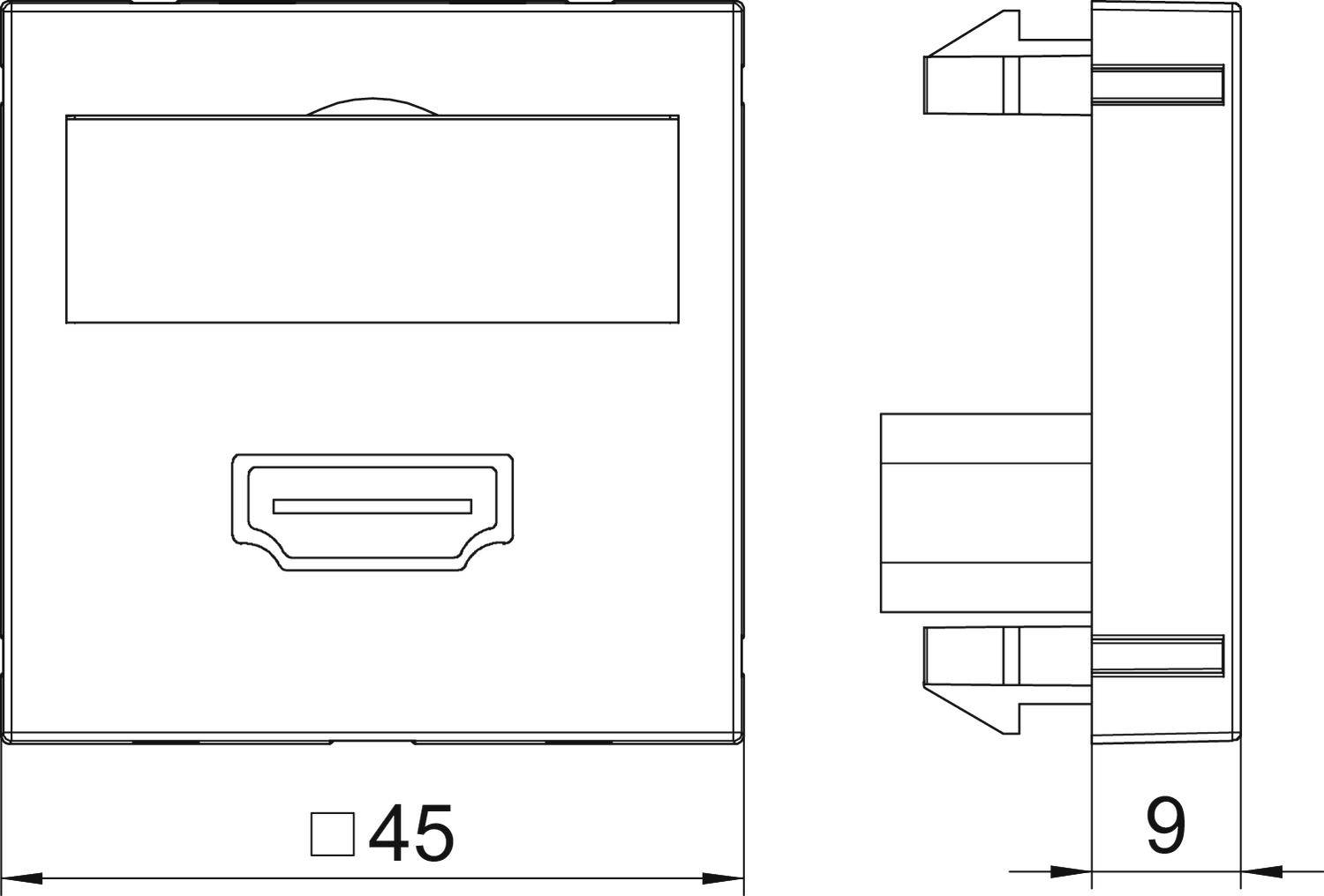 Technische tekening van een rechthoekige voorziening met frontaanzicht van 45 mm breedte en zijaanzicht van 9 mm diepte.