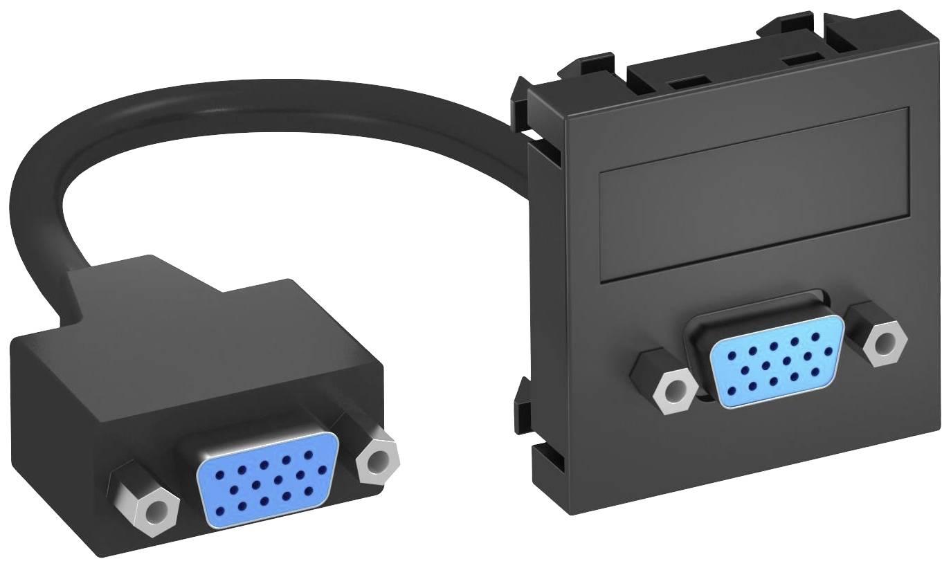 Twee VGA-stekkers met blauwe aansluitingen, verbonden door een kort zwart kabel. Ze zijn geschikt voor videoverbindingen.