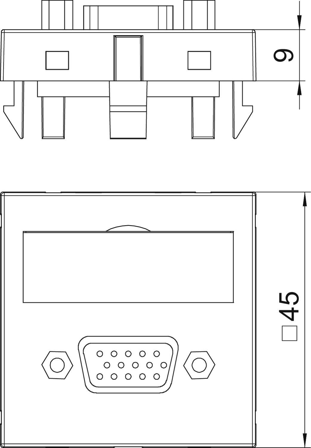 Technische tekening van een rechthoekige schakelaar met afmetingen. Boven: zijaanzicht met hoogte van 9 mm. Onder: bovenaanzicht met breedte van 45 mm.