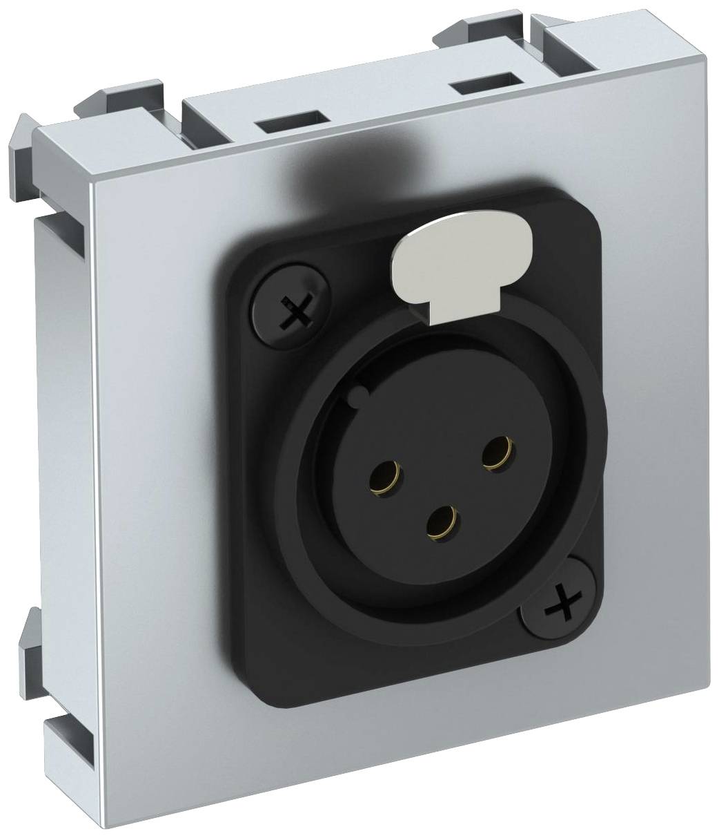 'Afbeelding van een XLR-socketconnector in een rechthoekige behuizing, zilveren behuizing met zwart aansluitdeel. Geschikt voor audiosignalen.'