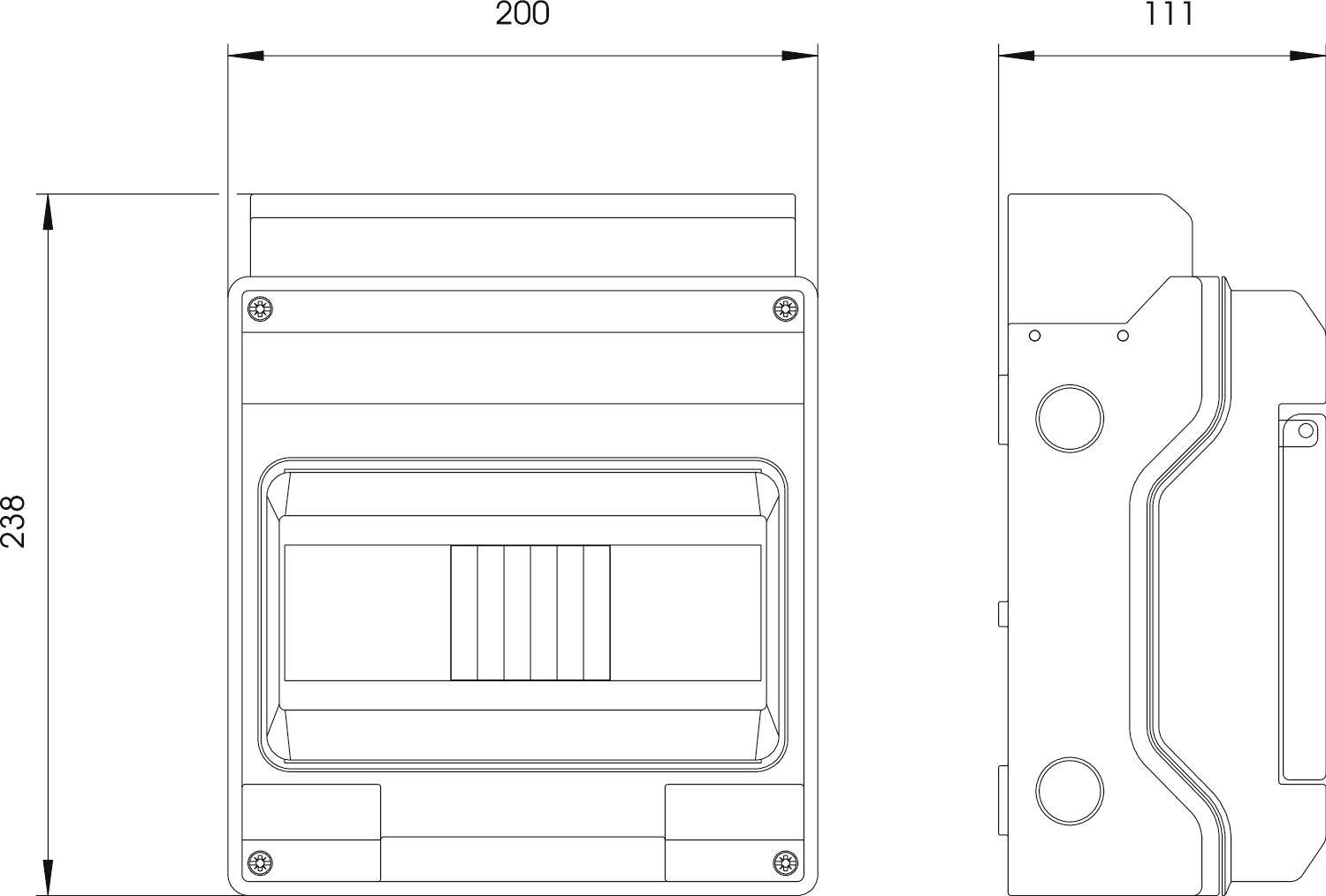 Technische tekening van een rechthoekig apparaat met afmetingen van 200 mm breedte en 238 mm hoogte. Front- en zijaanzicht worden weergegeven.