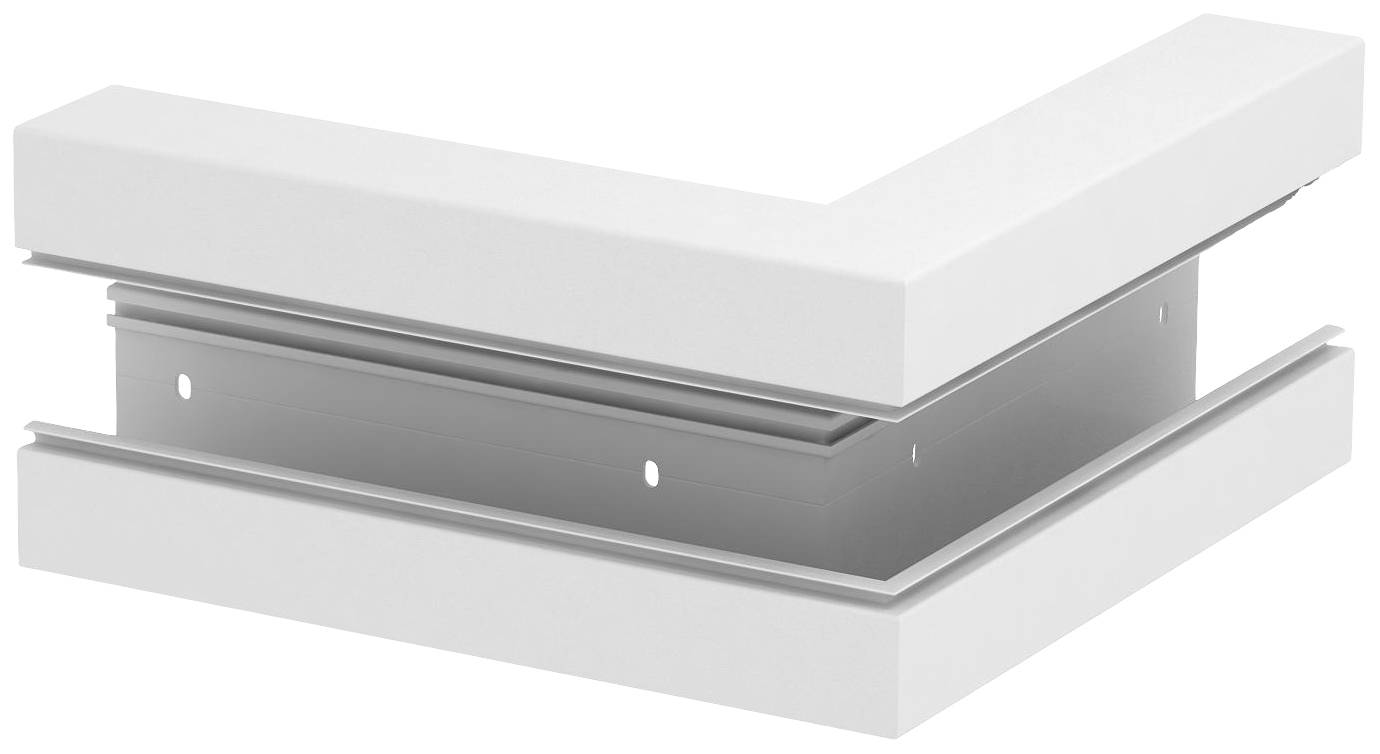 Een L-vormig, wit ventilatiedeel met een metalen frame, geschikt voor hoekbevestiging in een ventilatiesysteem.