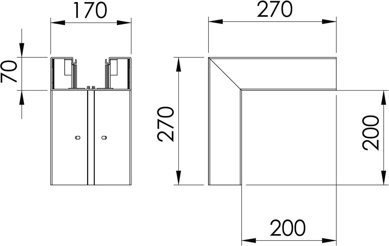 'Technische tekening van een hoek: Links een doorsnede, rechts een vooraanzicht. Afmetingen: 70x170 en 200x270 mm.'