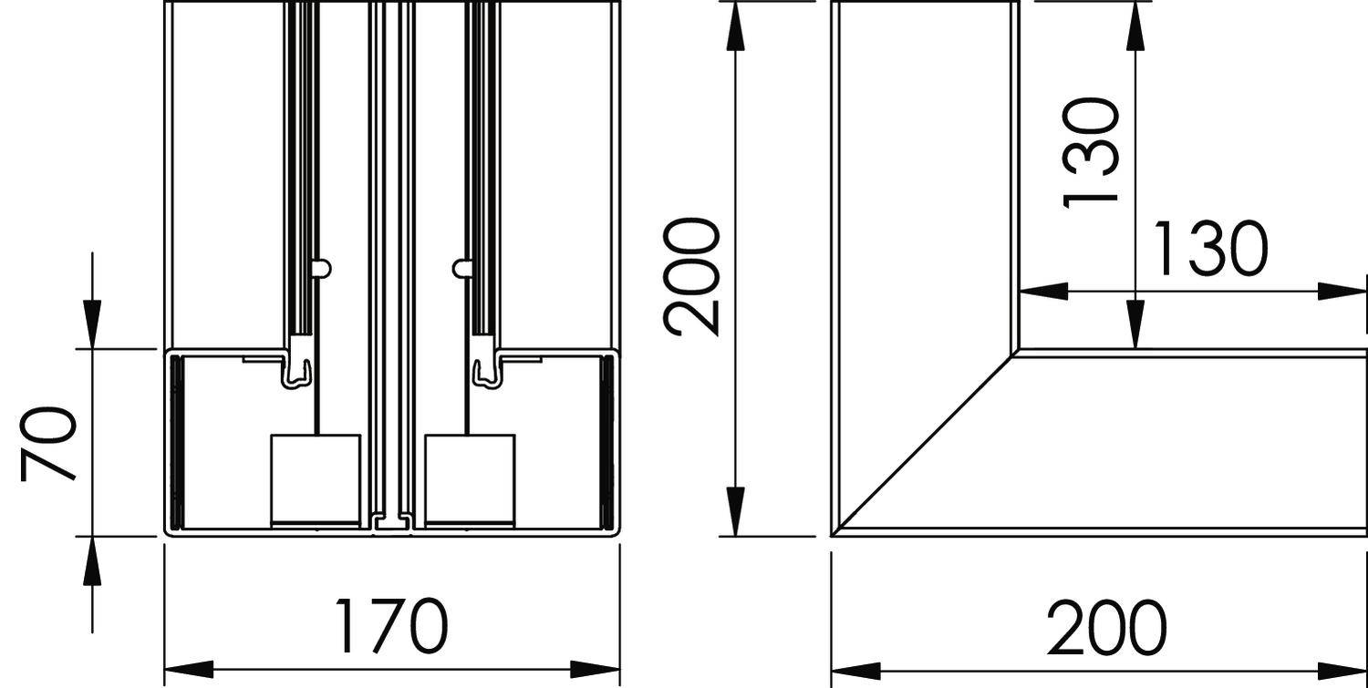 Technische tekening van een L-vormig profiel met afmetingen: breedte 200, hoogte 200, met verdere maatvoering 170, 130 en 70.