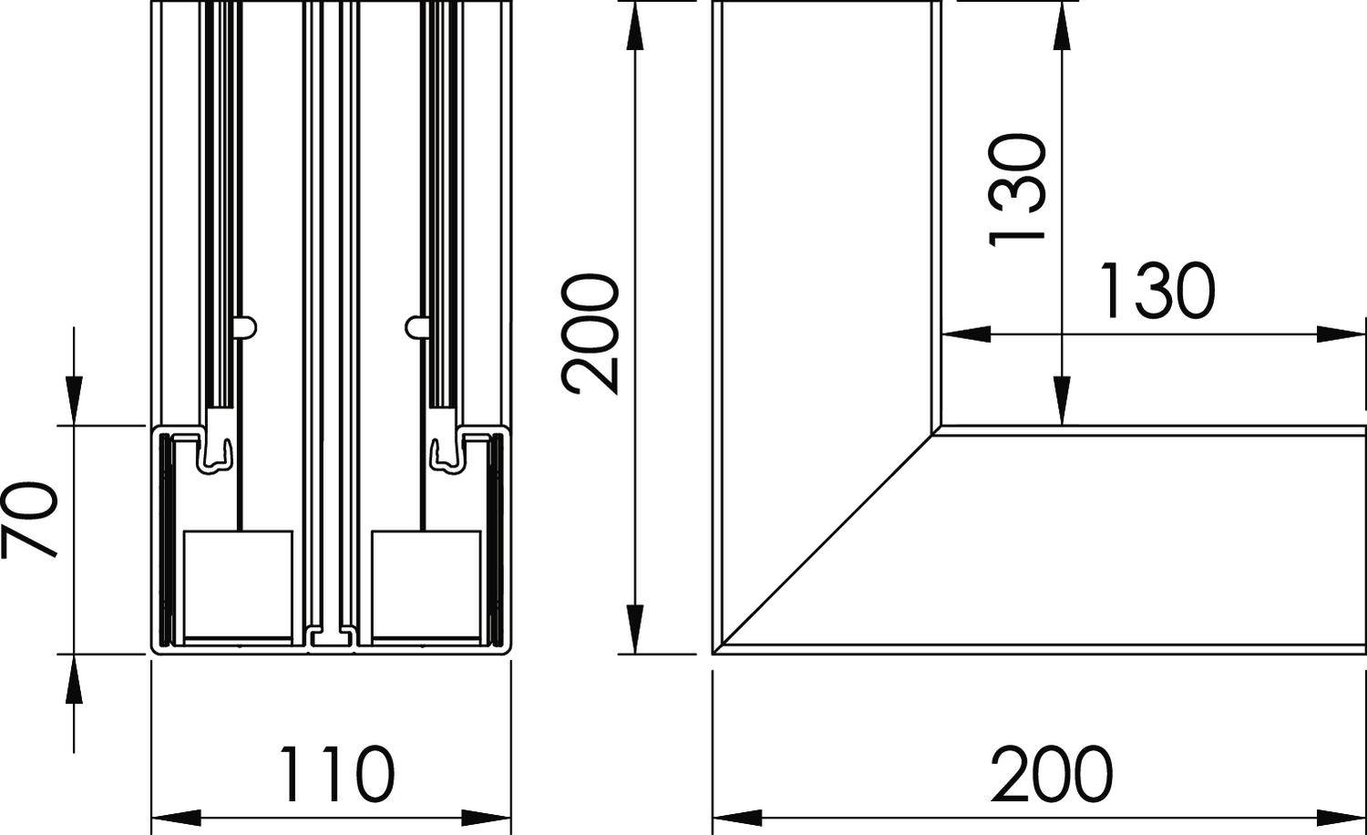 Technische tekening van een frame met afmetingen: 70 x 200 mm links, 130 x 130 mm hoek rechts. Afmetingen: 110 mm breedte, 200 mm hoogte.