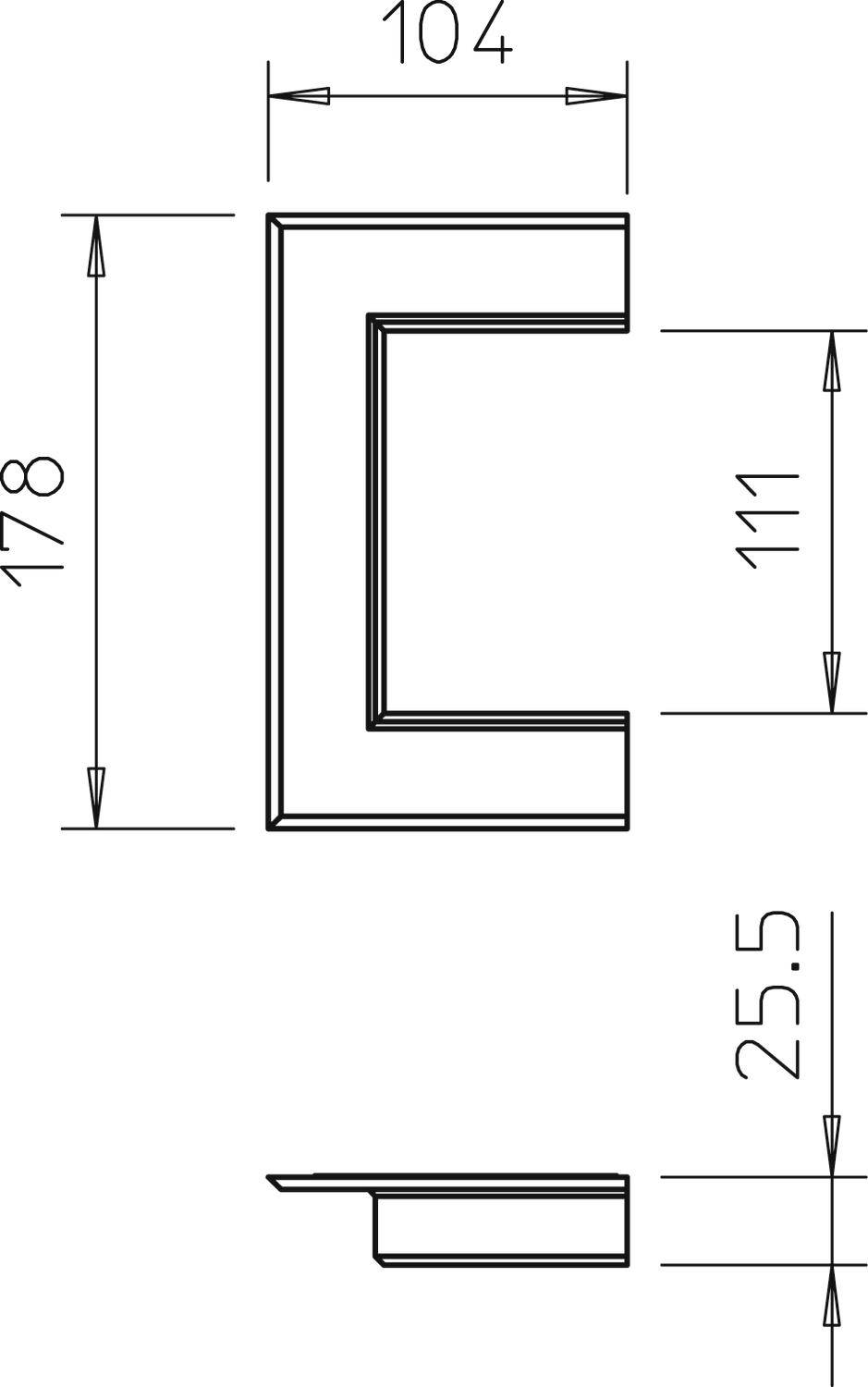Technische tekening van een C-vormig profiel. Afmetingen: hoogte 178 mm, breedte 104 mm, diepte 111 mm, materiaaldikte 25,5 mm.