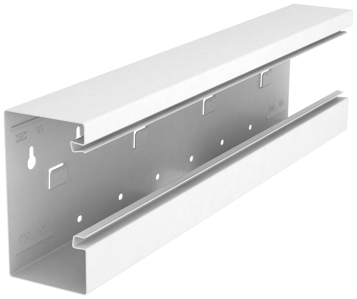 Metalen kabelgoot in rechthoekige vorm, open aan één zijde met bevestigingsgaten en openingen voor kabelintegratie, kleur zilver.