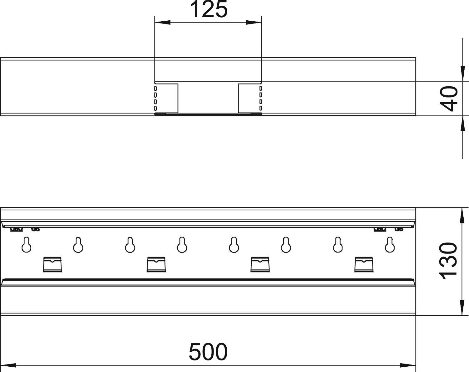 Technische tekening van een rechthoekig onderdeel met afmetingen: breedte 500 mm, hoogte 130 mm, bovenste diepte 40 mm, centrale diepte 125 mm.