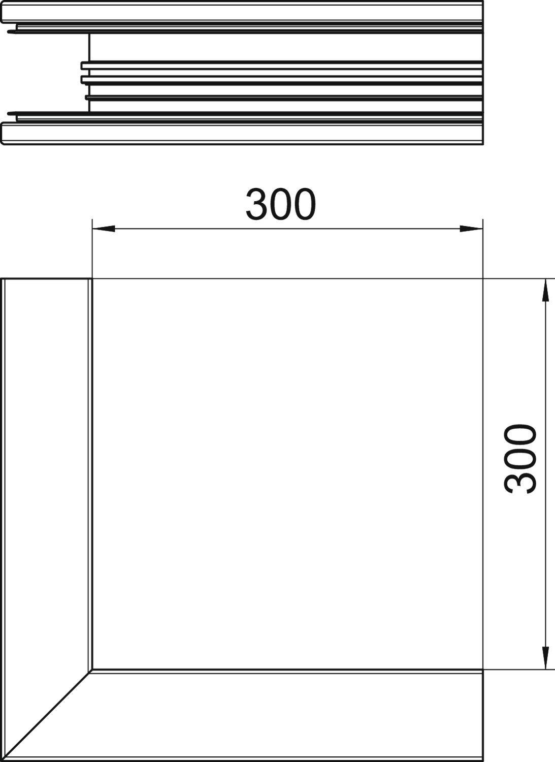 Technische tekening van een vierkant object met afmetingen van 300 x 300. Doorsnede-aanzicht van bovenaf toont meerdere lagen.