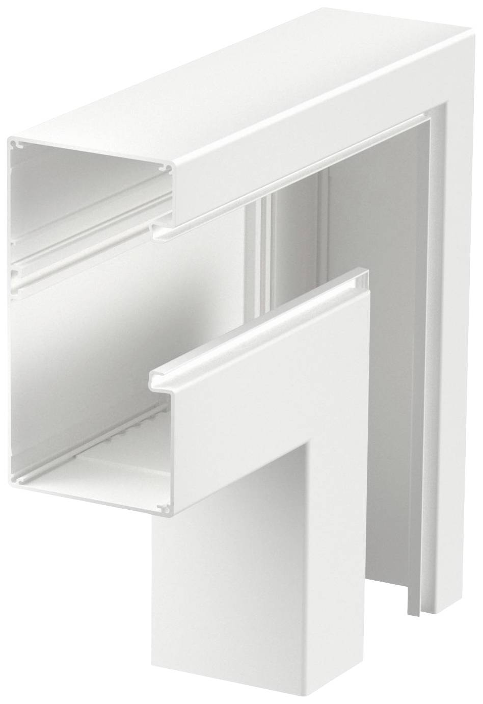 Afgebeeld is een wit raamkozijn in een L-vormige configuratie, waarbij de doorsnede de constructie en materialen van het kozijn laat zien.