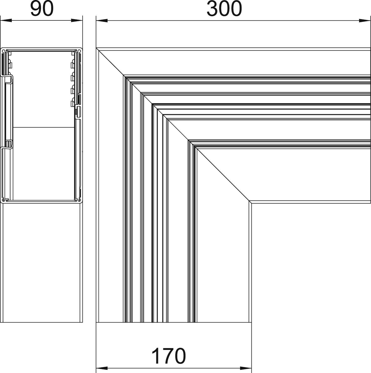 Technische tekening van een wandopbouw met afmetingen: breedte 90, hoogte 300, binnendiepte 170. Toont gedetailleerde laagopbouw.