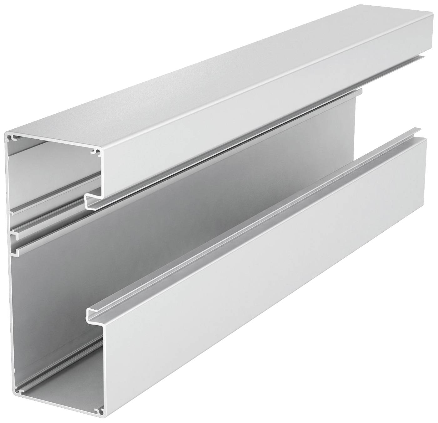 Zilveren aluminiumprofiel met een C-vormige doorsnede, geschikt voor constructies of meubelproductie.
