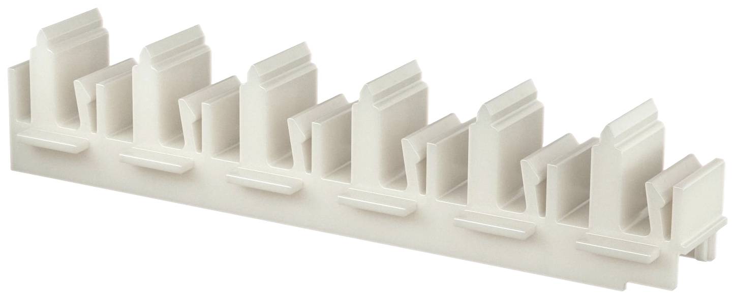 Een witte kabelgeleider voor het organiseren van kabels, bestaande uit meerdere parallelle sleuven voor het invoeren van kabels.