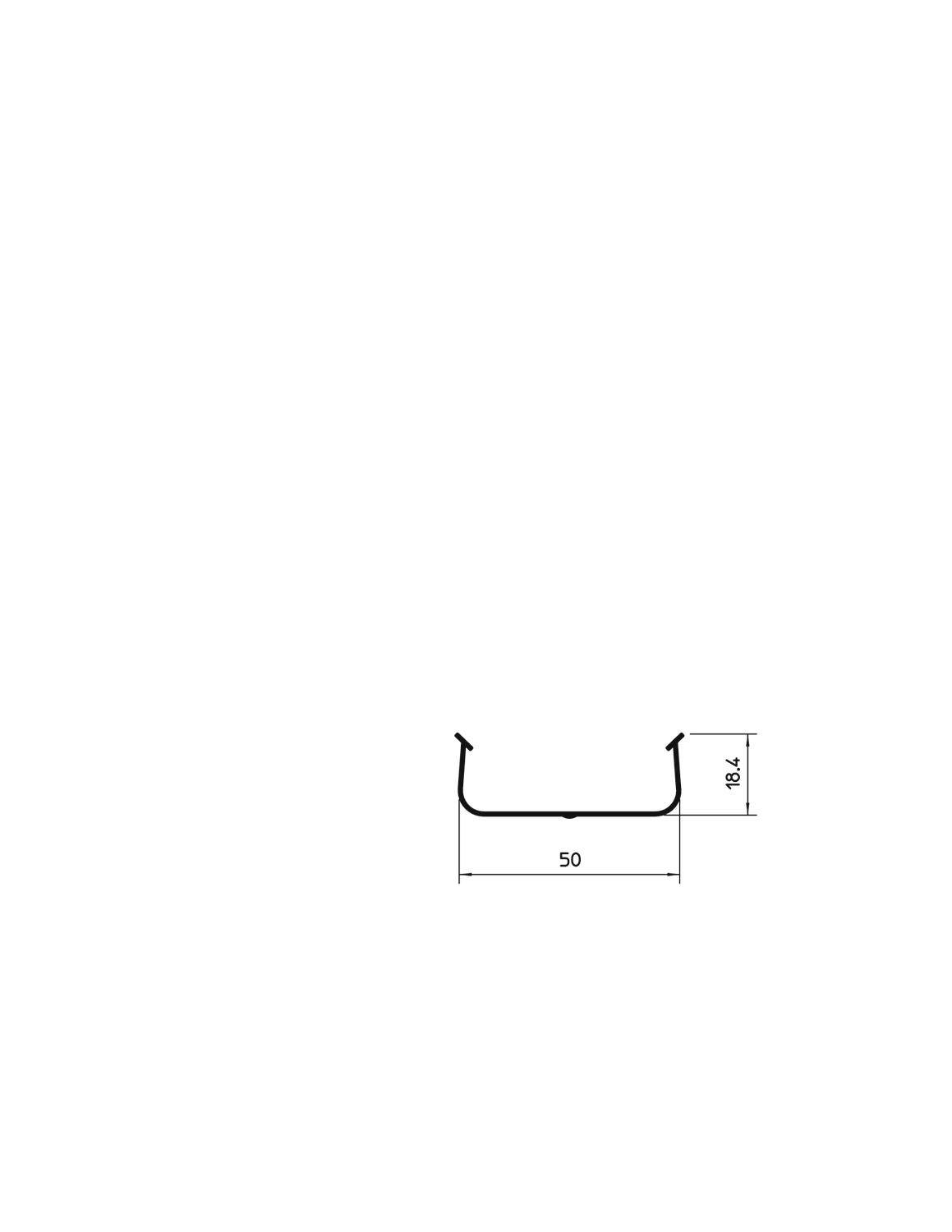 Technische tekening van een U-vorm. Breedte: 50, Hoogte: 18,4.