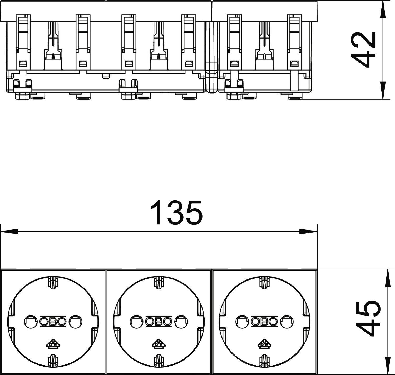 Technische tekening van een drievoudige stekkerdoos. Afmetingen: breedte 135 mm, hoogte 45 mm. Zijaanzicht toont diepte van 42 mm.