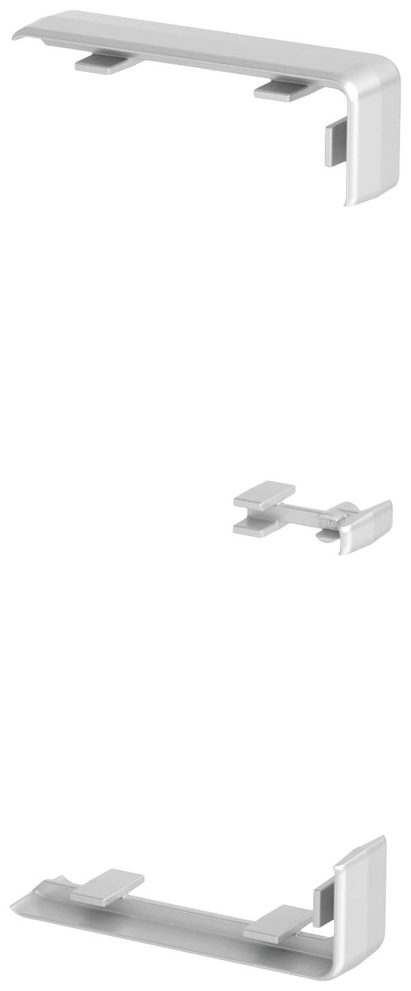 Drie zilveren metalen hoeken met verschillende constructievormen en afmetingen. Ze lijken bedoeld te zijn voor montage of bevestiging.