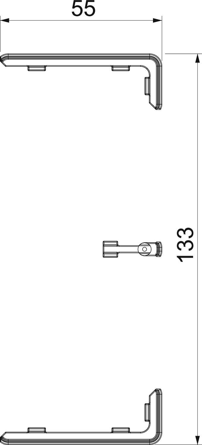Technische tekening van een steun met afmetingen van 55 mm breed en 133 mm lang. Toont bevestigingspunten en verbindingslocaties.