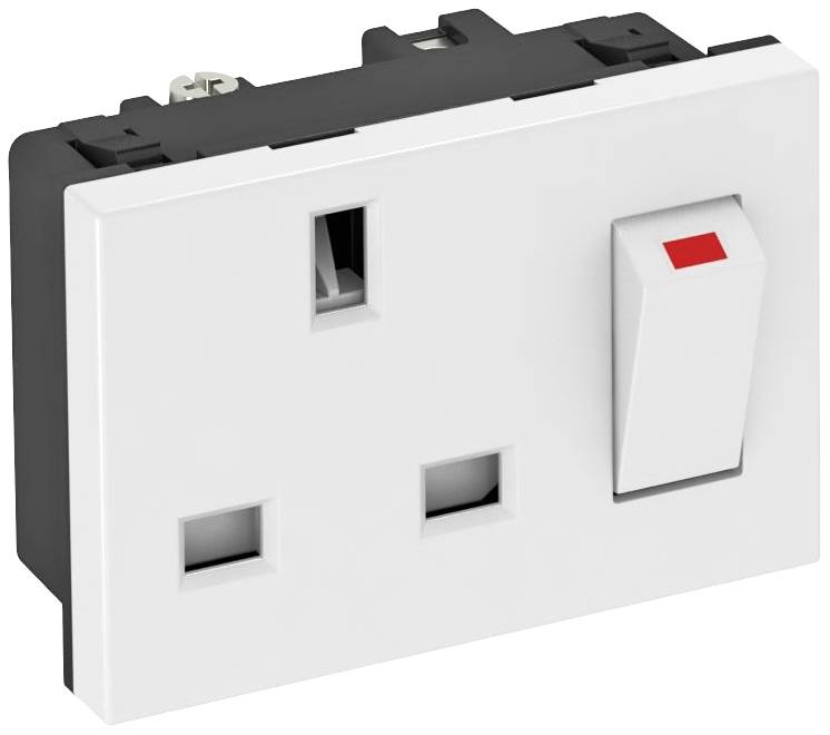 Witte stopcontact met ingebouwde schakelaar, rode indicatorpunt. Wandmontage.
