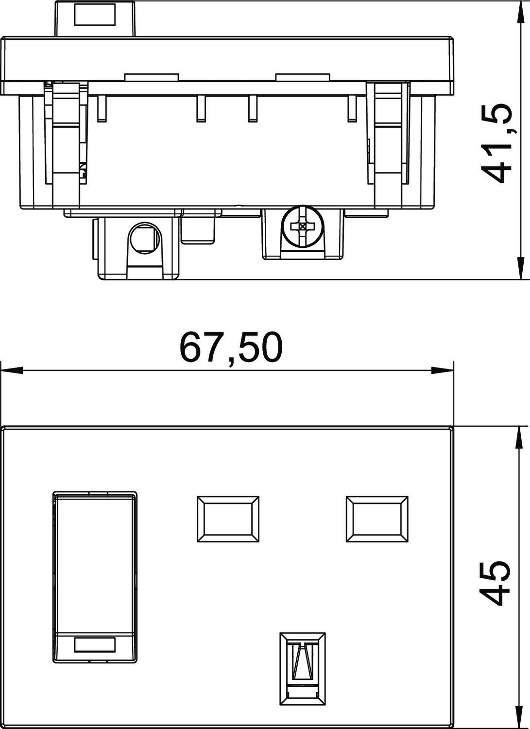 Technische tekening van een stopcontact met afmetingen van 67,50 mm breedte en 41,5 mm hoogte. Vooraanzicht en zijaanzicht.