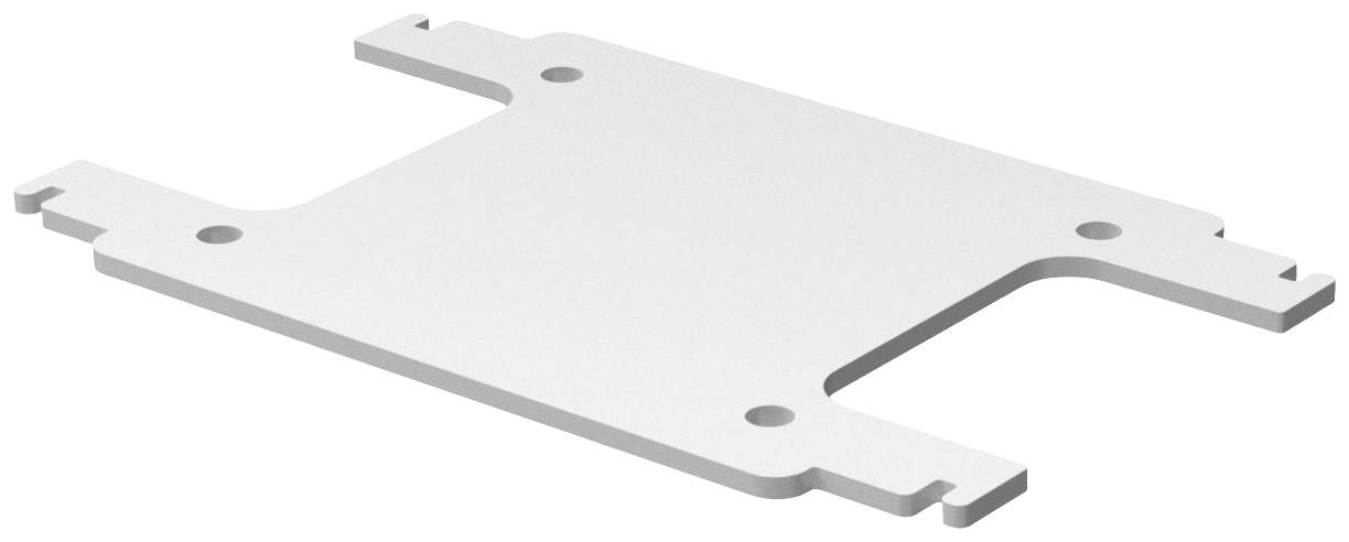 Witte, rechthoekige metalen plaat met afgeronde randen en vier gaten in de hoeken.