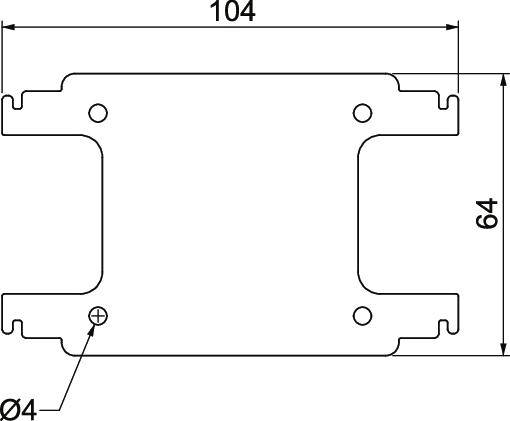 Technische tekening van een rechthoekig metalen onderdeel met afmetingen van 104 mm lengte en 64 mm breedte. Bevat boringen met een diameter van 4 mm.