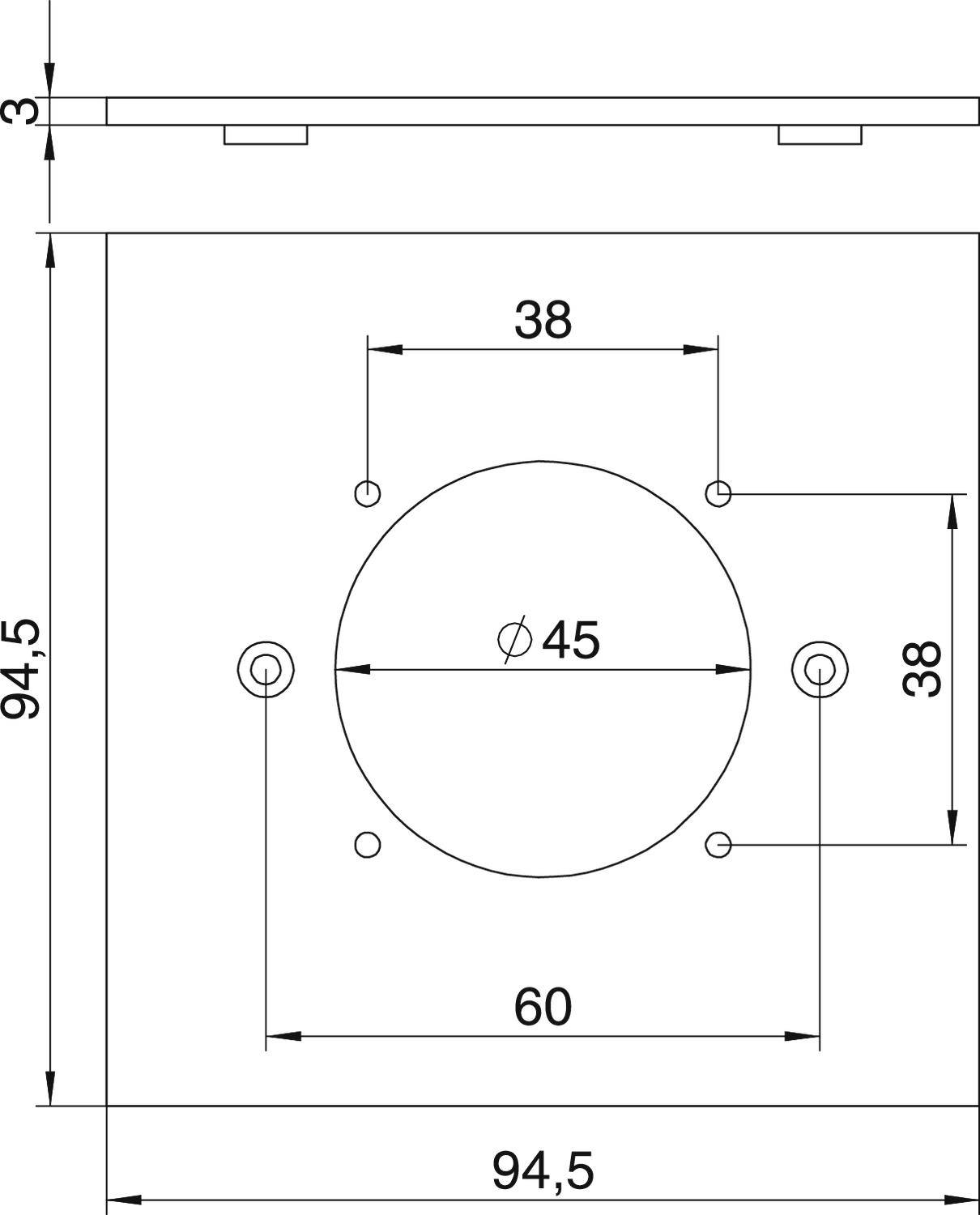Technische tekening van een vierkante metalen plaat met een centrale cirkel (Ø 45 mm) en twee gaten aan weerszijden. Afmetingen: 94,5 x 94,5 mm.