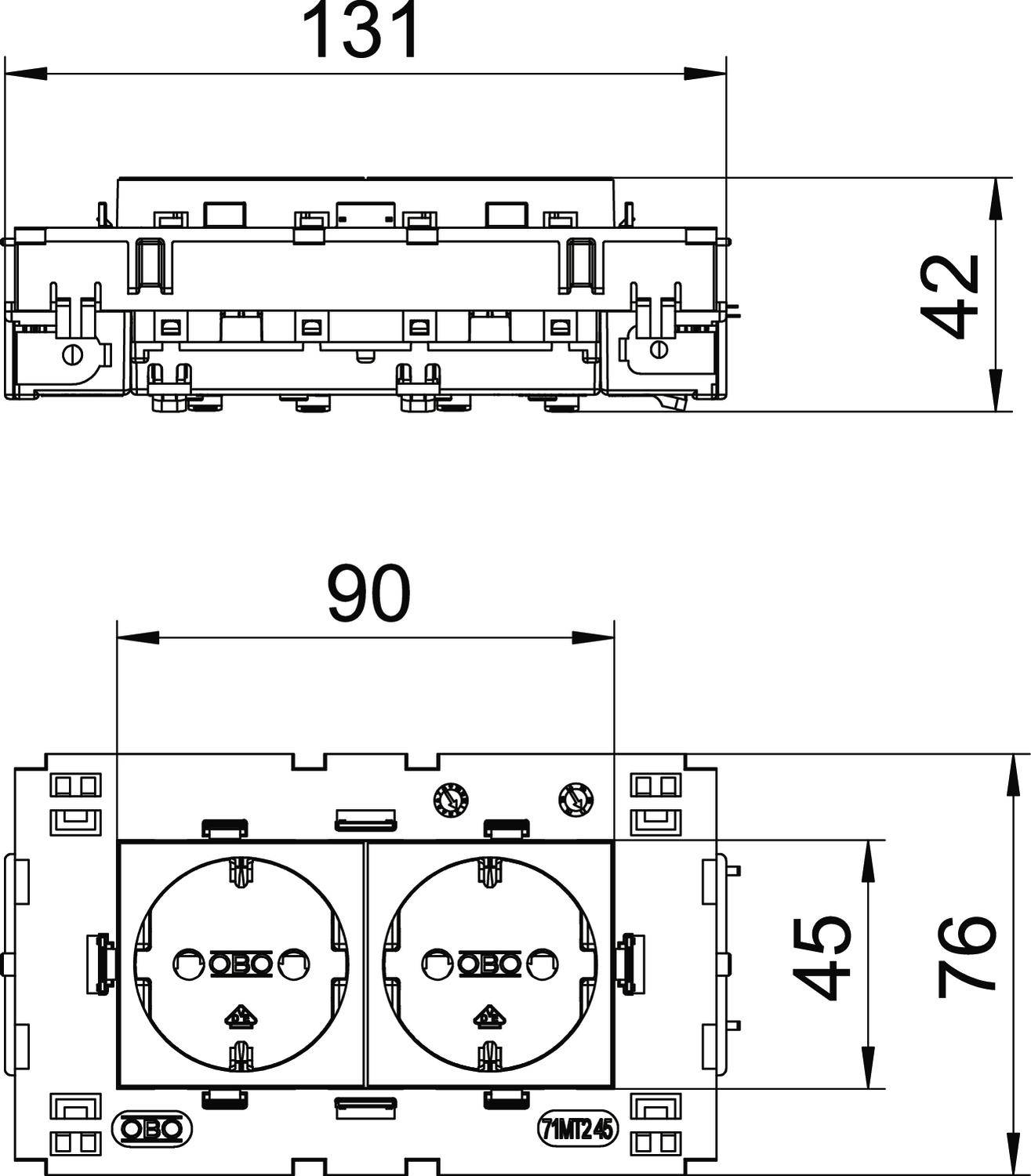 Technische tekening van twee stopcontacten met nauwkeurige afmetingen: breedte 90 mm, hoogte 45 mm, totale hoogte met frame 76 mm, lengte 131 mm, hoogte 42 mm.