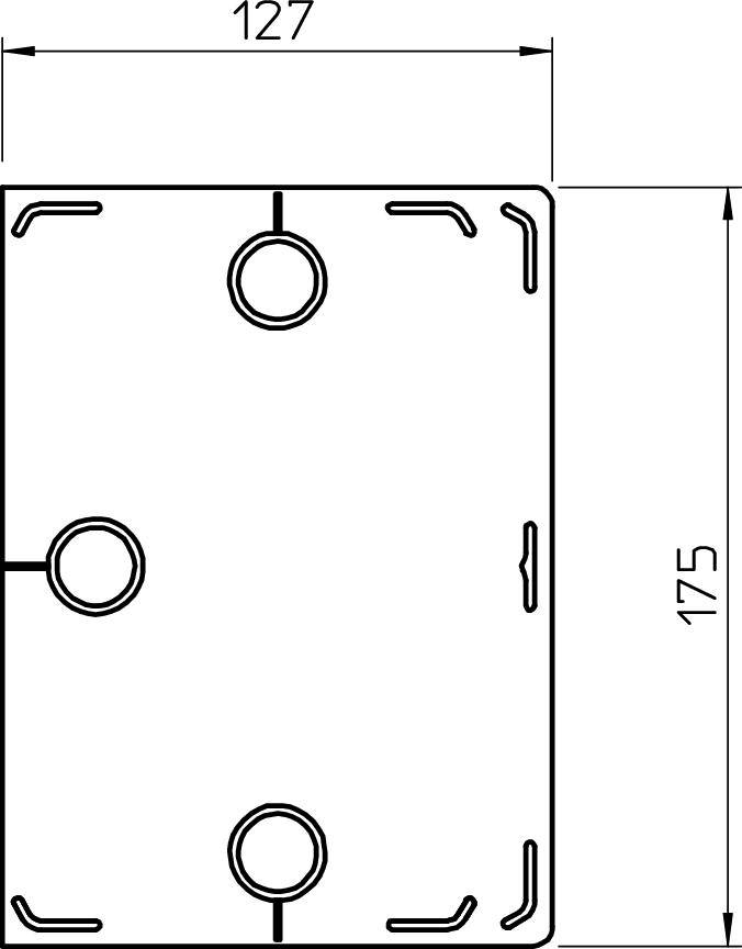 Technische tekening van een rechthoekig object met afmetingen 127 x 175 mm. Drie cirkelvormige openingen en vijf afgeronde hoeken.