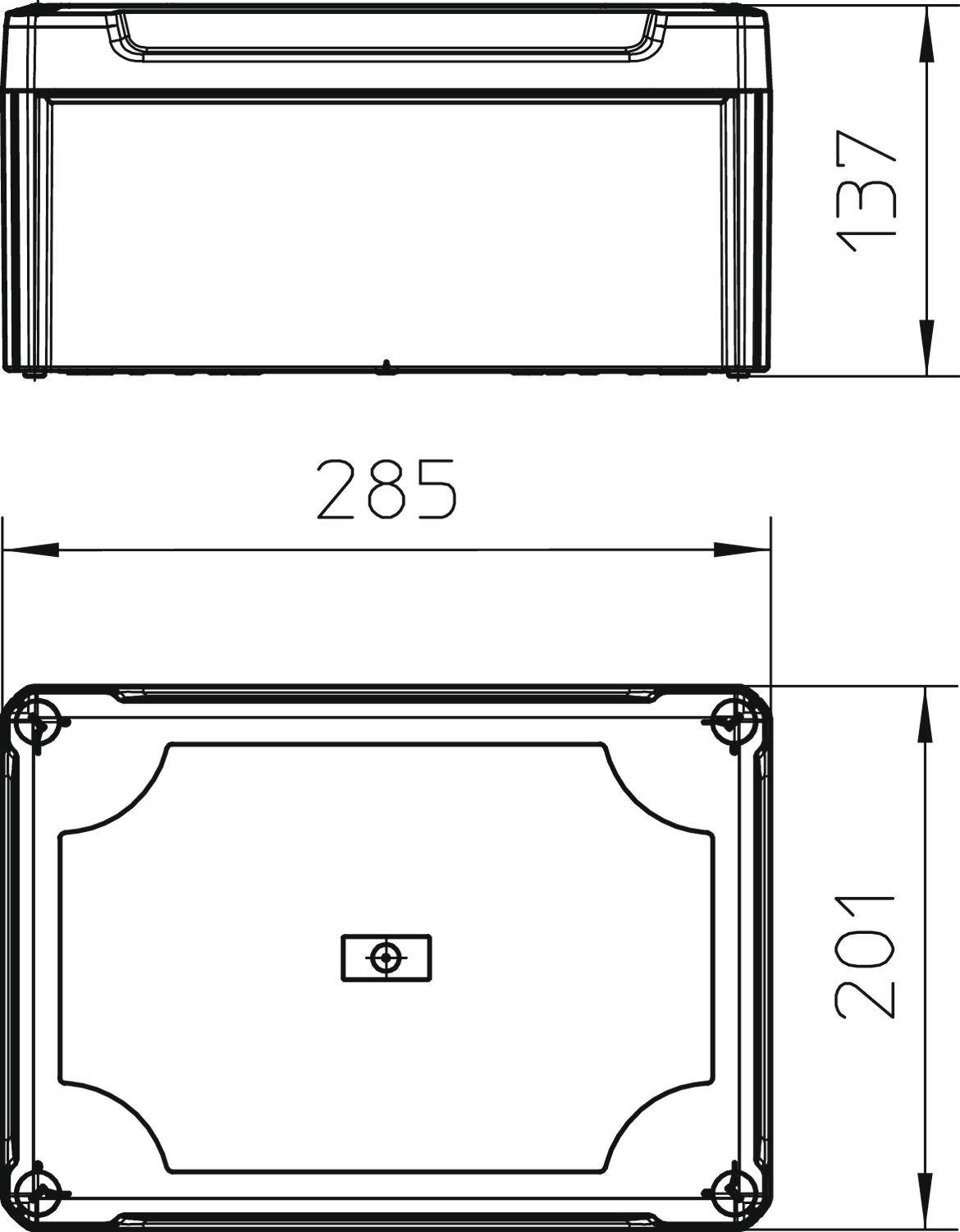 Technische tekening van een rechthoekige behuizing. Afmetingen: 285 mm breedte, 201 mm diepte, 137 mm hoogte. Bovenaanzicht en zijaanzicht.