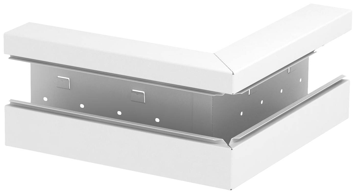 Een witte kabelgootverbindingshoek met metalen binnenstructuur, geschikt voor het verbinden van kabelgoten onder een rechte hoek.