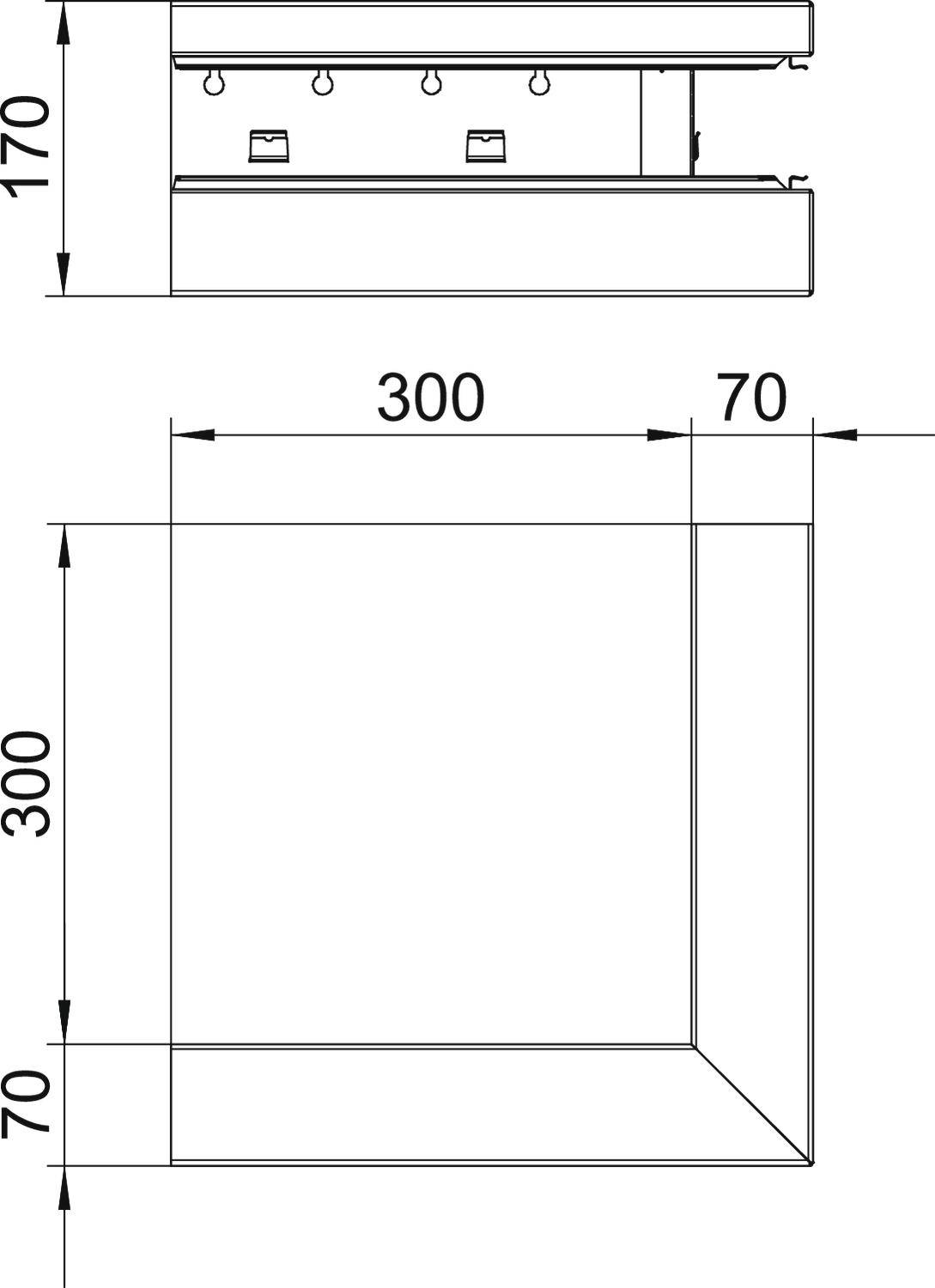 Technische tekening van een vierkant element met afmetingen van 300x300 mm en een diepte van 70 mm. Bovenaanzicht schematisch weergegeven.