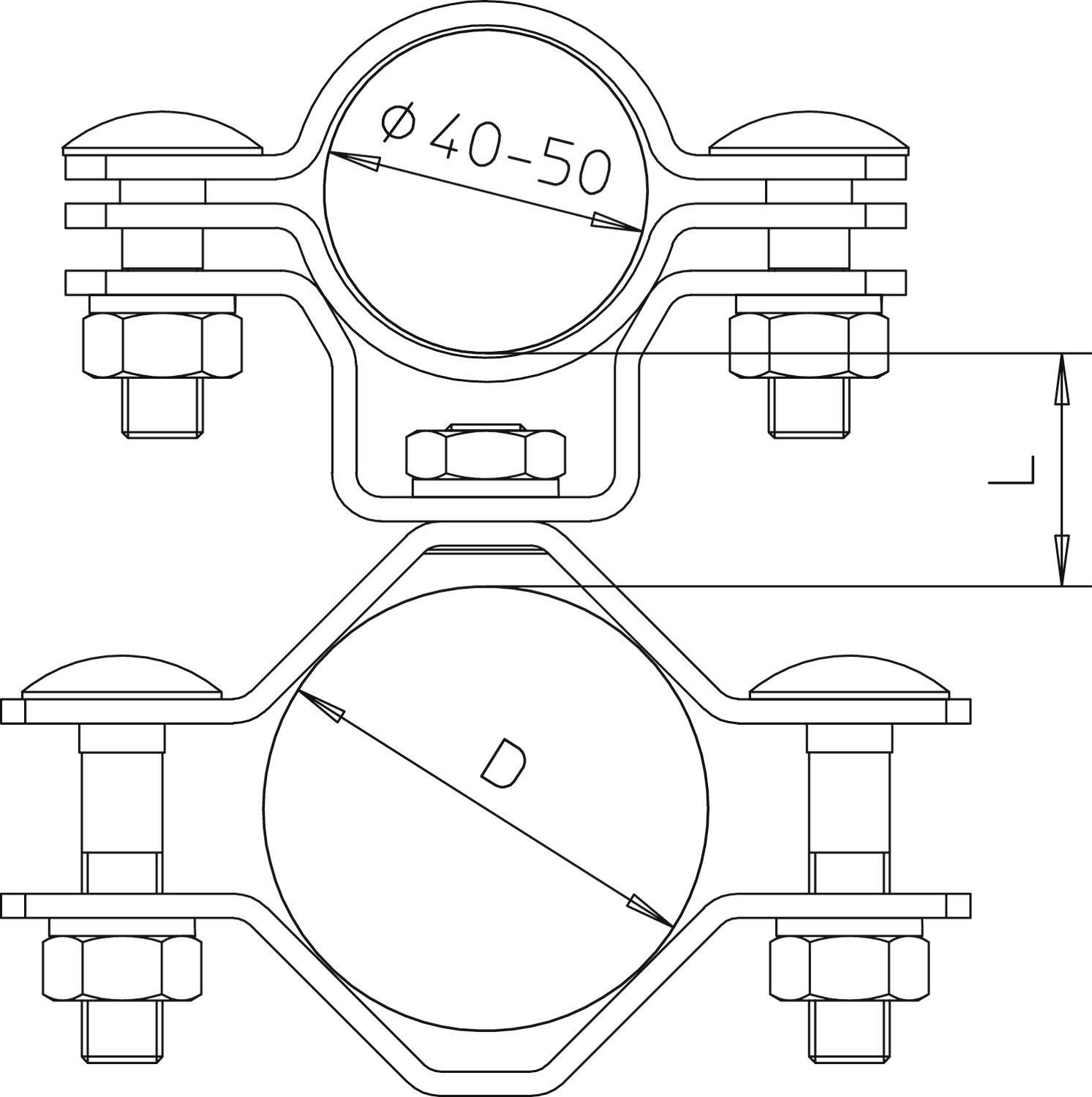 Technische tekening: Weergave van een buisklem met maatgegevens, toont de breedte en diameter van 40 tot 50 mm.