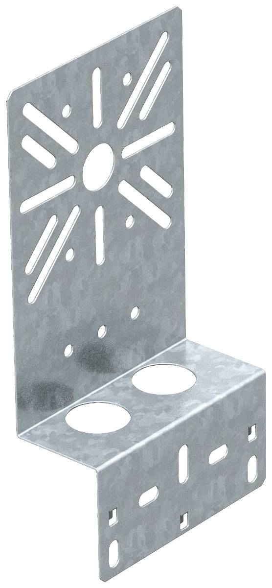 Metalen beugel met meerdere gaten en sleuven voor bevestiging. Geschikt voor gebruik in hout- of metaalconstructies.