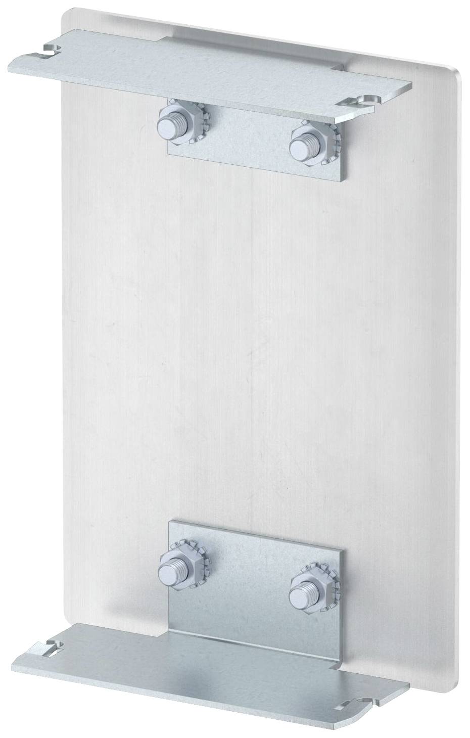Metalen rail met vier schroeven, twee bovenaan en twee onderaan, voor het bevestigen van houders aan een verticaal bord.