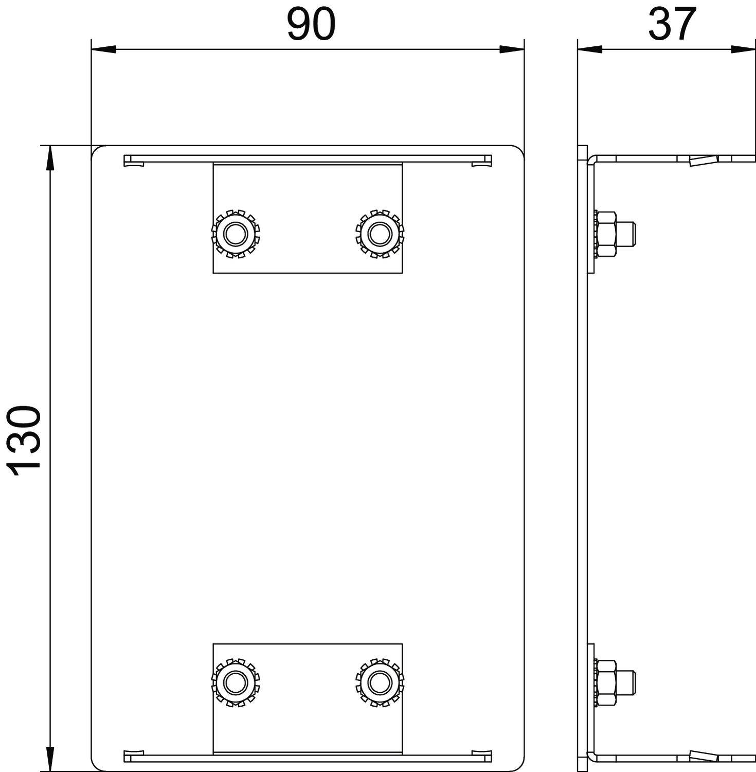 Technische tekening van een rechthoekig onderdeel. Afmetingen: 130 mm hoogte, 90 mm breedte, 37 mm diepte. Voor- en zijaanzicht.