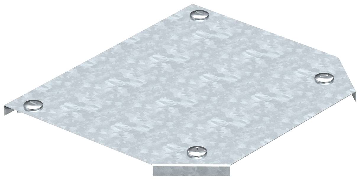 Een trapeziumvormig metalen onderdeel met vier zichtbare bouten op de hoeken. Het oppervlak vertoont een egale, grijze textuur.