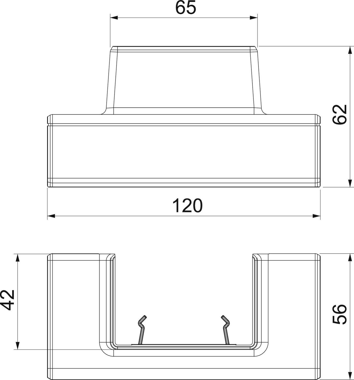 Technische tekening van een U-vormig onderdeel met afmetingen: breedte 120 mm, hoogte 62 mm, diepte 56 mm, bovenste breedte 65 mm, binnenste hoogte 42 mm.