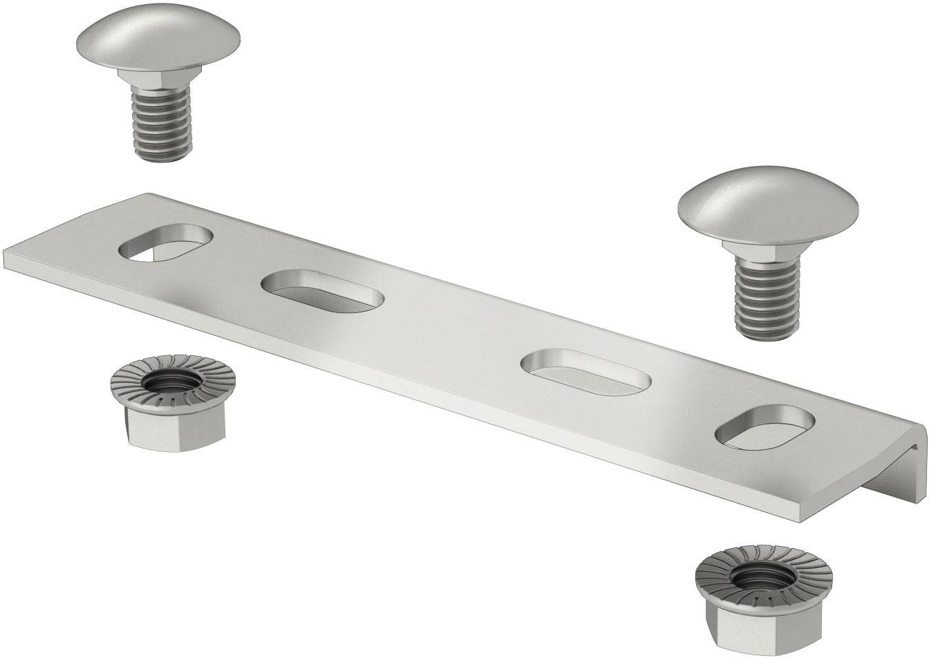 Zilveren metalen beugel met twee schroeven en moeren. Geschikt voor bevestiging aan een oppervlak.